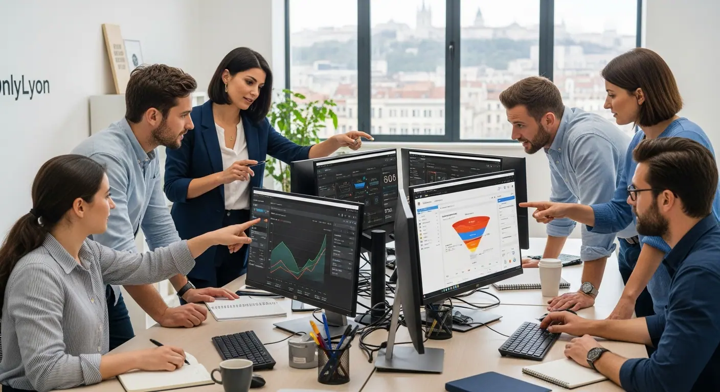 L'équipe LeadFlow Studio analysant des données de performance marketing sur des écrans
