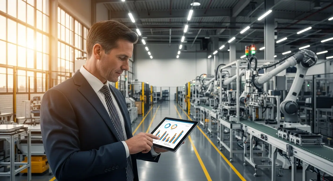 Directeur industriel analysant des statistiques de croissance sur une tablette
