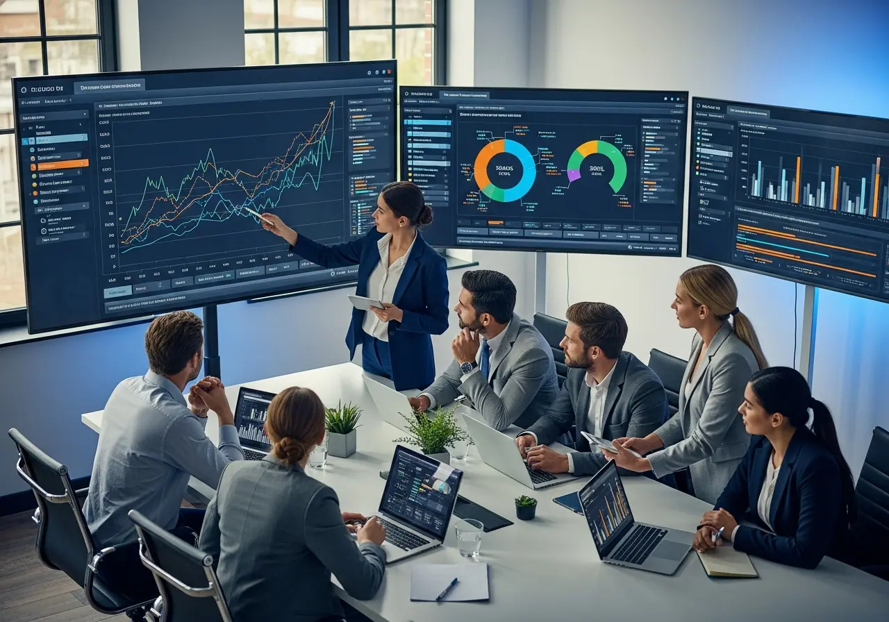 Professional business team analyzing data charts and graphs on multiple screens in a modern office setting, showing continuous optimization and performance monitoring