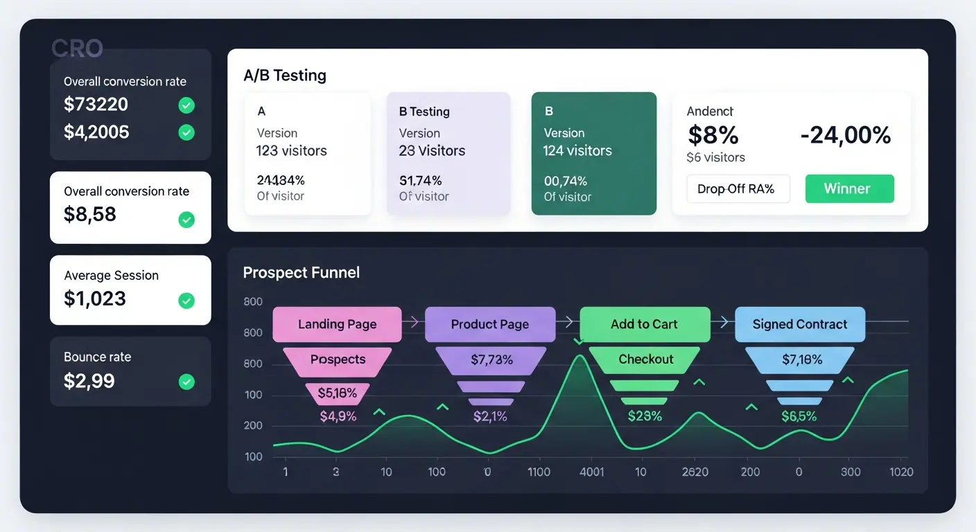 Dashboard d'optimisation du taux de conversion avec tests A/B et entonnoir de prospects