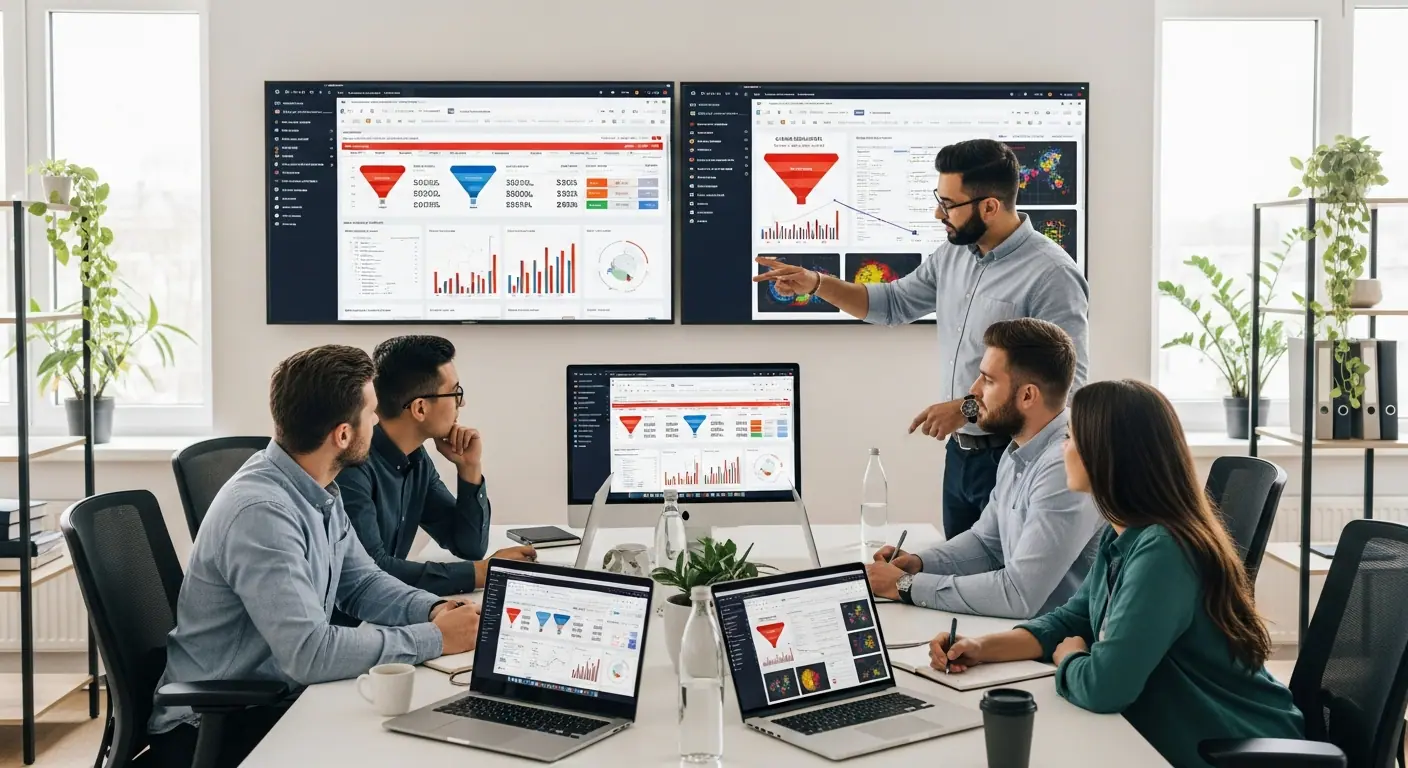 A professional business scene showing conversion optimization, with a marketing team analyzing conversion rate data on screens and dashboards, modern office environment with laptops and analytics charts, clean and professional B2B atmosphere