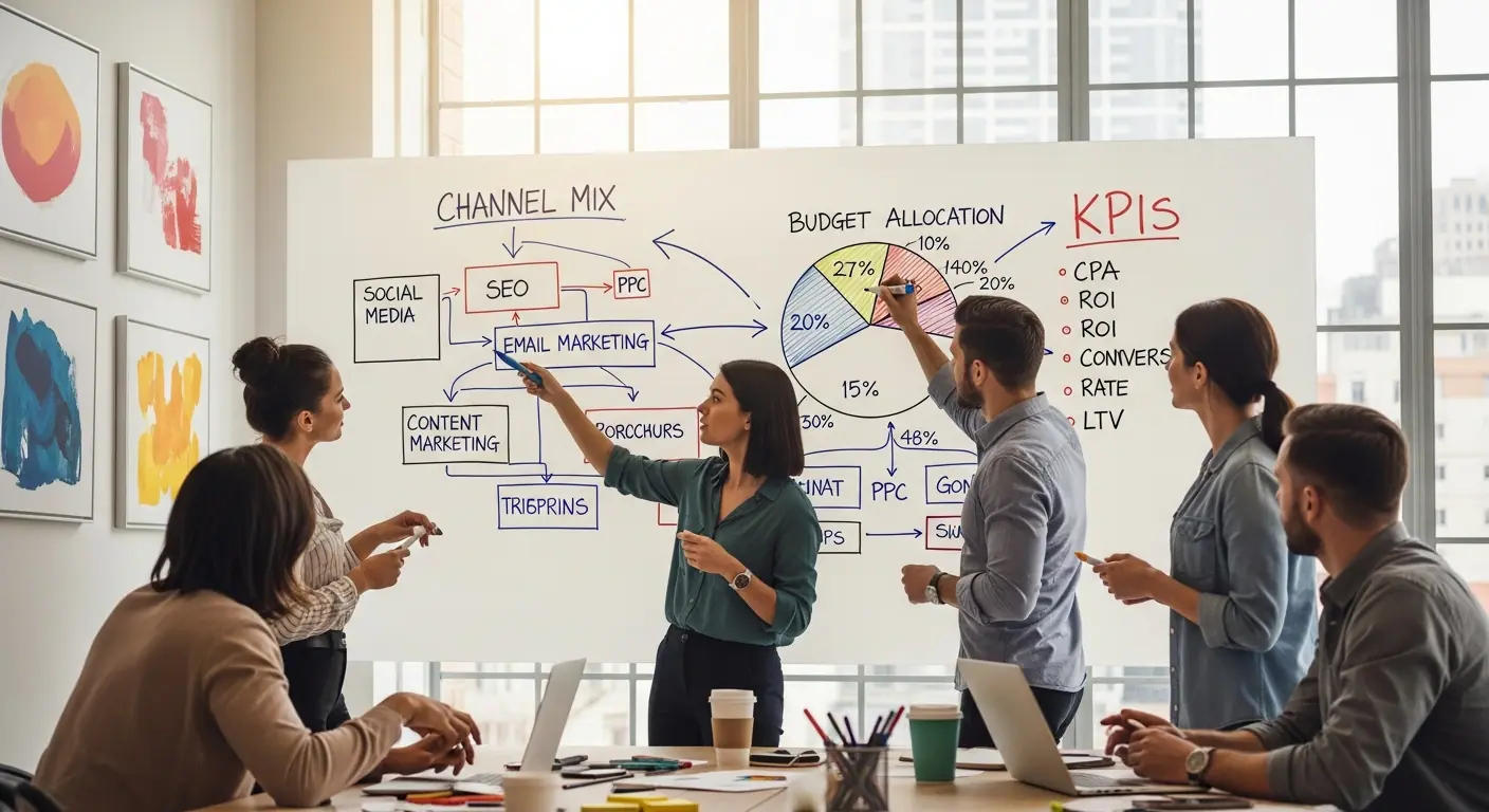 Équipe élaborant une stratégie d'acquisition multicanale sur tableau blanc