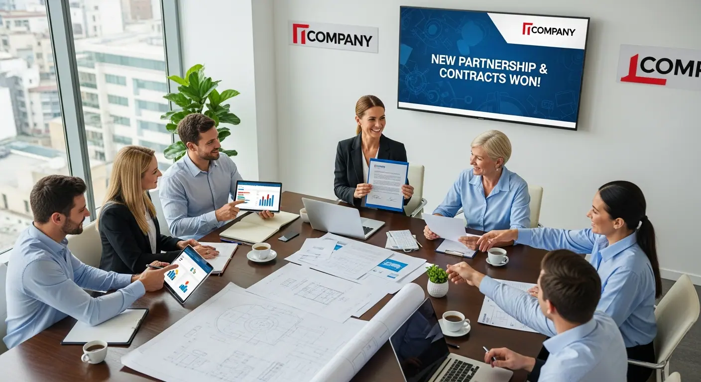 Équipe de direction d'un industriel célébrant de nouveaux contrats obtenus via le digital