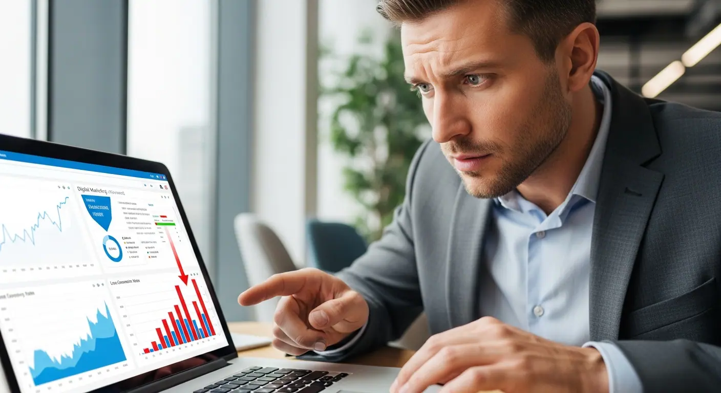 Dirigeant analysant des données de conversion insuffisantes sur un tableau de bord