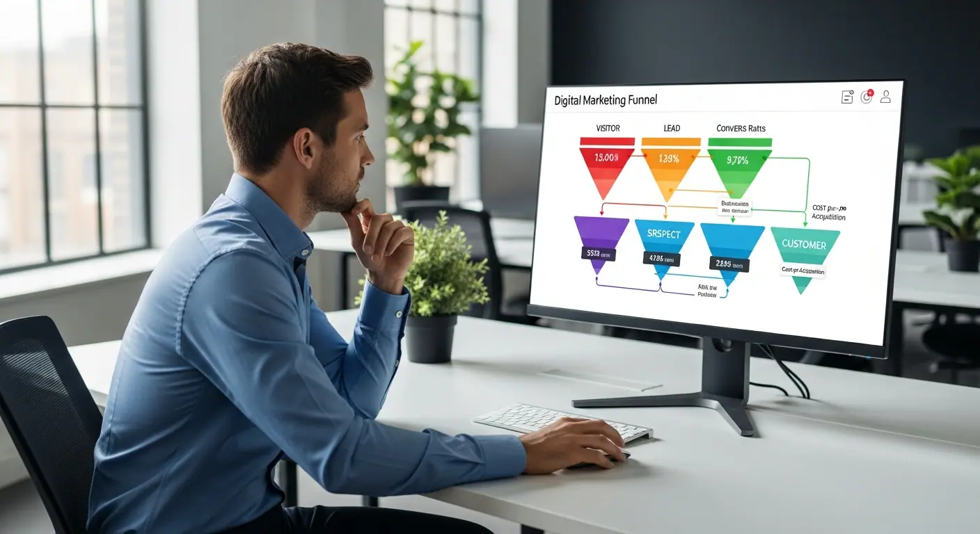 Consultant analysant un entonnoir de conversion marketing sur écran