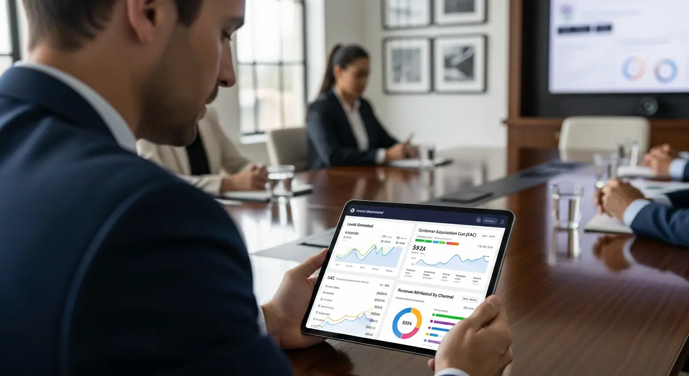 Dirigeant consultant un tableau de bord de performance marketing